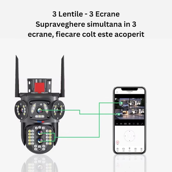 Camera de supraveghere Tripla WIFI/4G Zoom 10X, Rezolutie 4K, Detectie umana, Urmarire automata, IP66