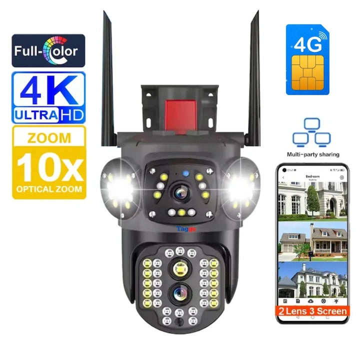 Camera de supraveghere Tripla WIFI/4G Zoom 10X, Rezolutie 4K, Detectie umana, Urmarire automata, IP66