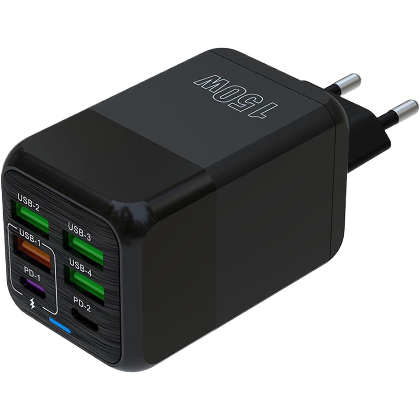 Incarcator Multifunctional, Glorio®, 6 Porturi (2 x PD Type C + 4 USB), 150 W, 5V, 2.4A, Incarcare Rapida, 4.4 x 4.4 x 11 cm, Negru