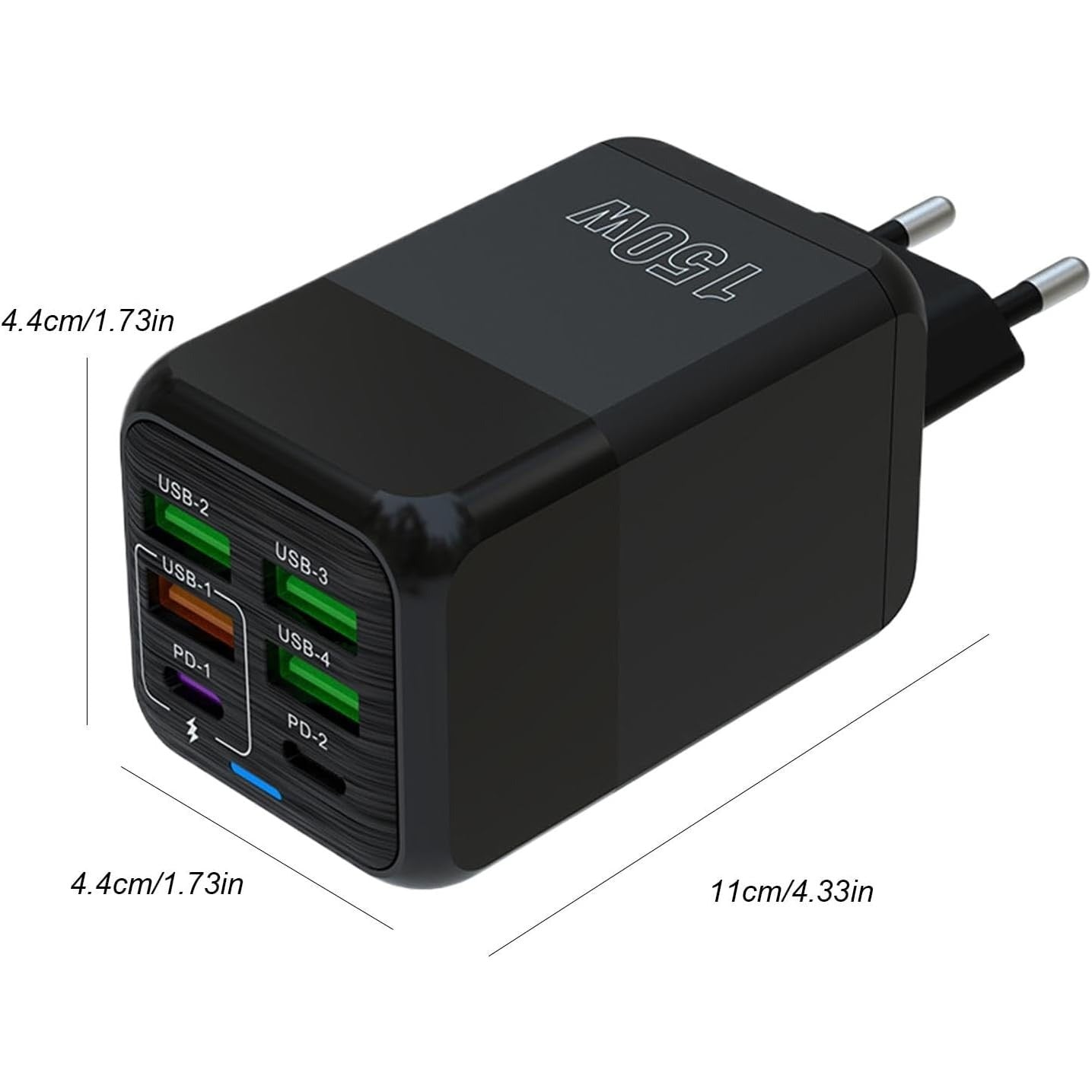 Incarcator Multifunctional, Glorio®, 6 Porturi (2 x PD Type C + 4 USB), 150 W, 5V, 2.4A, Incarcare Rapida, 4.4 x 4.4 x 11 cm, Negru