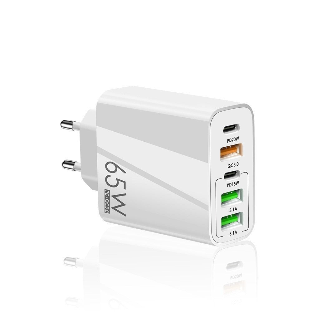 Incarcator Retea, Glorio, 5 Porturi, 65W Fast Charge, 3 x USB, 2 x Type-C, Universal Compatibil iPhone, Huawei, Samsung, Xiaomi, Alb