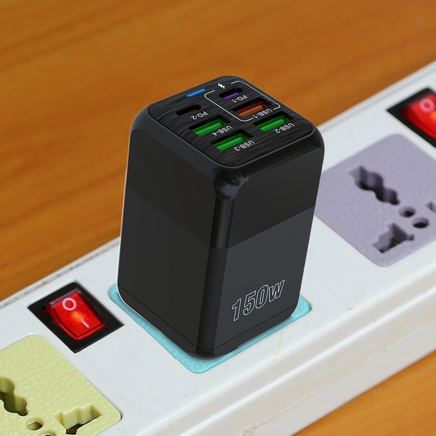 Incarcator Multifunctional, Glorio®, 6 Porturi (2 x PD Type C + 4 USB), 150 W, 5V, 2.4A, Incarcare Rapida, 4.4 x 4.4 x 11 cm, Negru