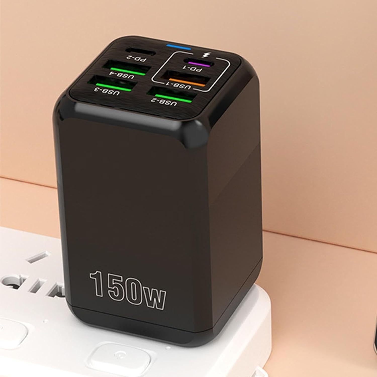 Incarcator Multifunctional, Glorio®, 6 Porturi (2 x PD Type C + 4 USB), 150 W, 5V, 2.4A, Incarcare Rapida, 4.4 x 4.4 x 11 cm, Negru