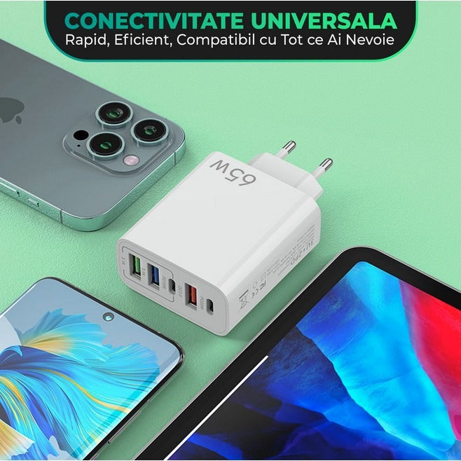 Incarcator Retea, Glorio, 5 Porturi, 65W Fast Charge, 3 x USB, 2 x Type-C, Universal Compatibil iPhone, Huawei, Samsung, Xiaomi, Alb