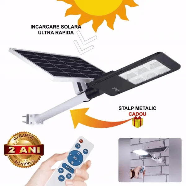 Lampa Solara Cu Stalp Metalic, Iluminare Puternica, 400W, Control Din Telecomanda, Rezistent La Intemperii
