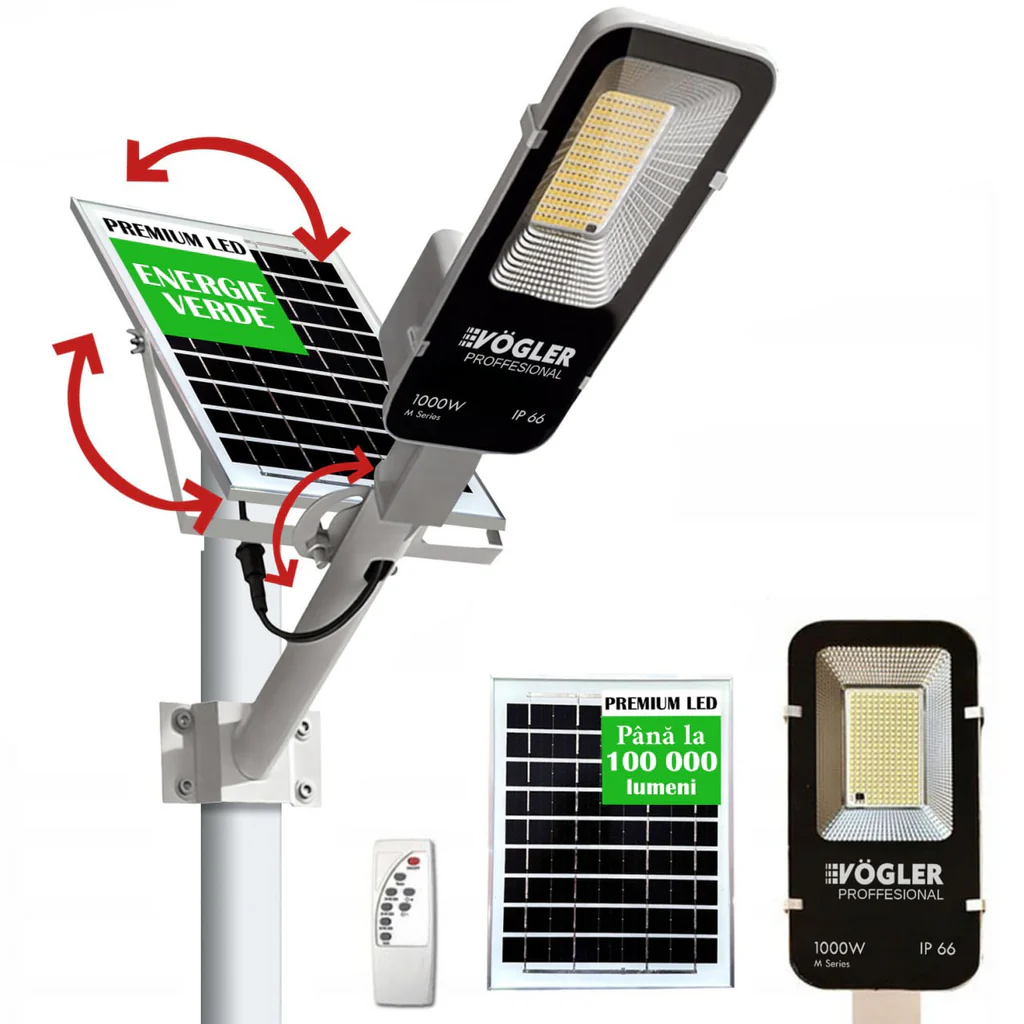 Lampă solară puternică, senzor crepuscular, telecomandă, 1000W