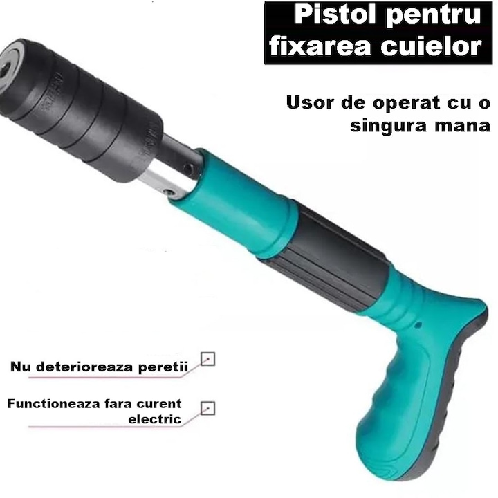 Pistol Manual Pentru Fixarea Cuielor Pe Perete Lungime 30 cm, Calibru 7.3 cm, Pneumatic + Accesorii + Ochelari De Protectie + Cutie Transport + Set 150 Cuie CADOU