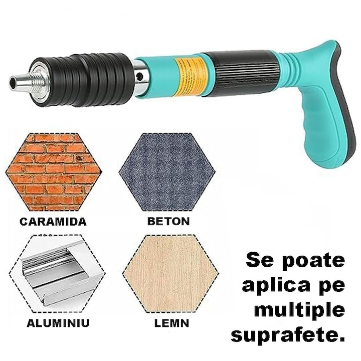 Pistol Manual Pentru Fixarea Cuielor Pe Perete Lungime 30 cm, Calibru 7.3 cm, Pneumatic + Accesorii + Ochelari De Protectie + Cutie Transport + Set 150 Cuie CADOU