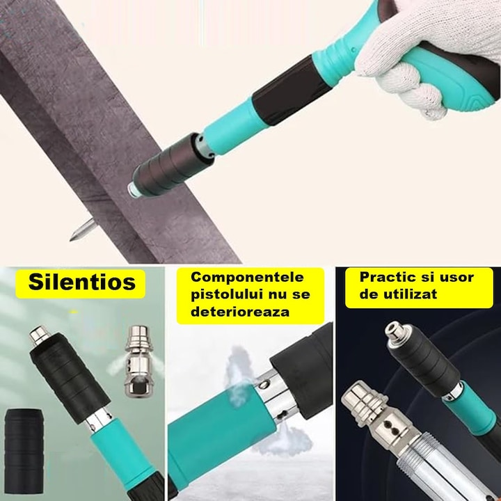 Pistol Manual Pentru Fixarea Cuielor Pe Perete Lungime 30 cm, Calibru 7.3 cm, Pneumatic + Accesorii + Ochelari De Protectie + Cutie Transport + Set 150 Cuie CADOU
