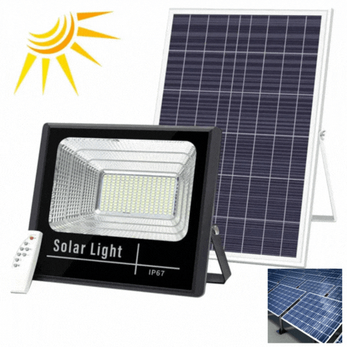 PACHET PROMOTIONAL: Proiector LED Cu Panou Solar VELORA, 100W, Control Prin Telecomanda, Senzor Crepuscular + Accesorii+Lampa Solara 100x Led CADOU