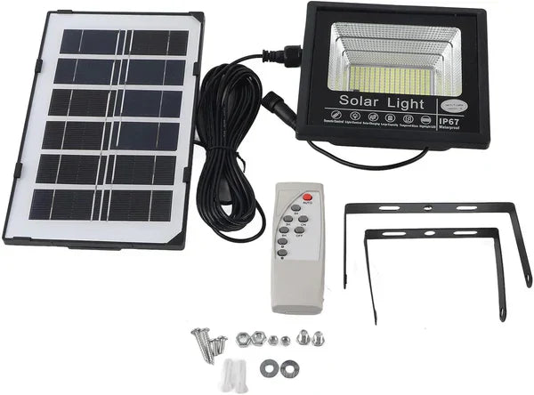 PACHET PROMOTIONAL: Proiector LED Cu Panou Solar VELORA, 100W, Control Prin Telecomanda, Senzor Crepuscular + Accesorii+Lampa Solara 100x Led CADOU