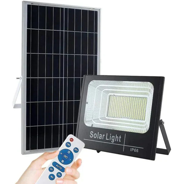 PACHET PROMOTIONAL: Proiector LED Cu Panou Solar VELORA, 100W, Control Prin Telecomanda, Senzor Crepuscular + Accesorii+Lampa Solara 100x Led CADOU