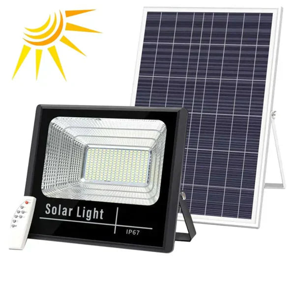 PACHET PROMOTIONAL: Proiector LED Cu Panou Solar VELORA, 100W, Control Prin Telecomanda, Senzor Crepuscular + Accesorii+Lampa Solara 100x Led CADOU