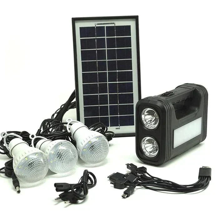 KIT Urgenta  Panou Solar Cu 3 Becuri, Incarcator USB Si Lanterna