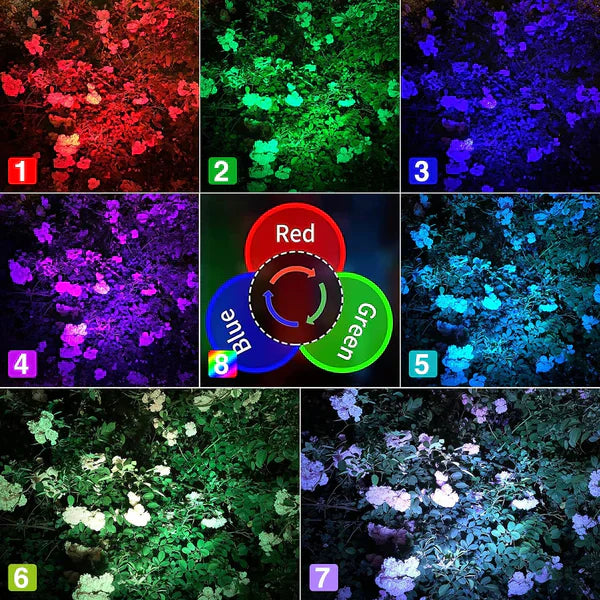 Proiector LED cu Incarcare Solara, Lumina Colorata, 7 Culori, Reglabil, Cu Suport de Fixare