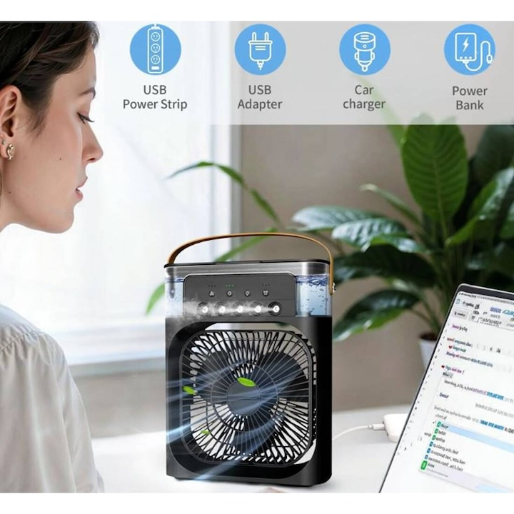 Ventilator de Birou 4‑în‑1, Negru, USB‑C – Racorire Inteligentă și Versatilă