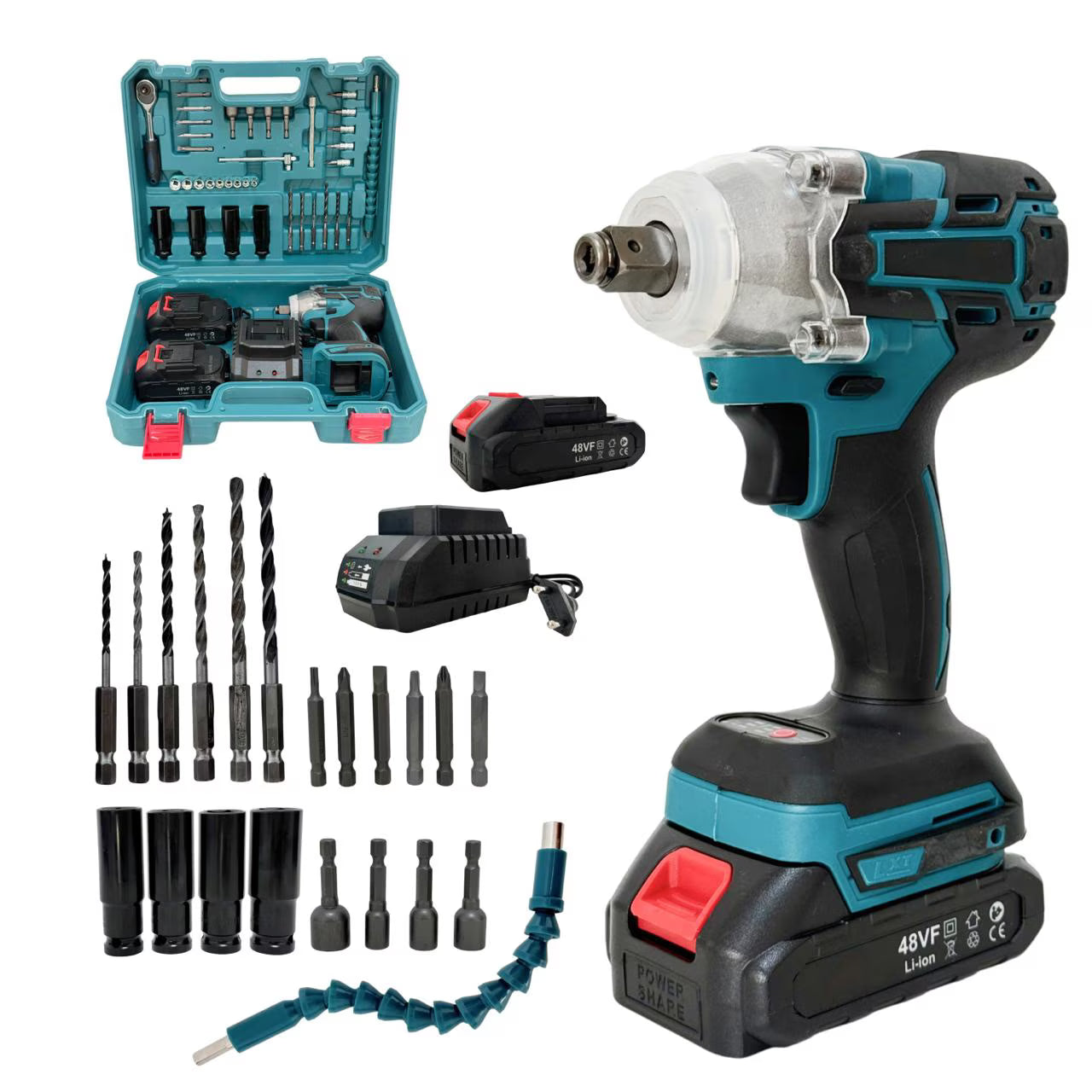 Trusă Mașină de Impact și Înșurubat 550Nm, 43 Accesorii Incluse, 2 Acumulatori 48V 5Ah Li-Ion, Motor Brushless, Valiză Transport
