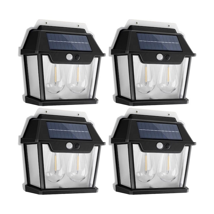 Lampa Solara de Perete LED Tip Felinar Dublu, senzor de miscare 5-8 metri, fara fir, 3 moduri de iluminare, protectie IP65, Waterproof, exterior, negru