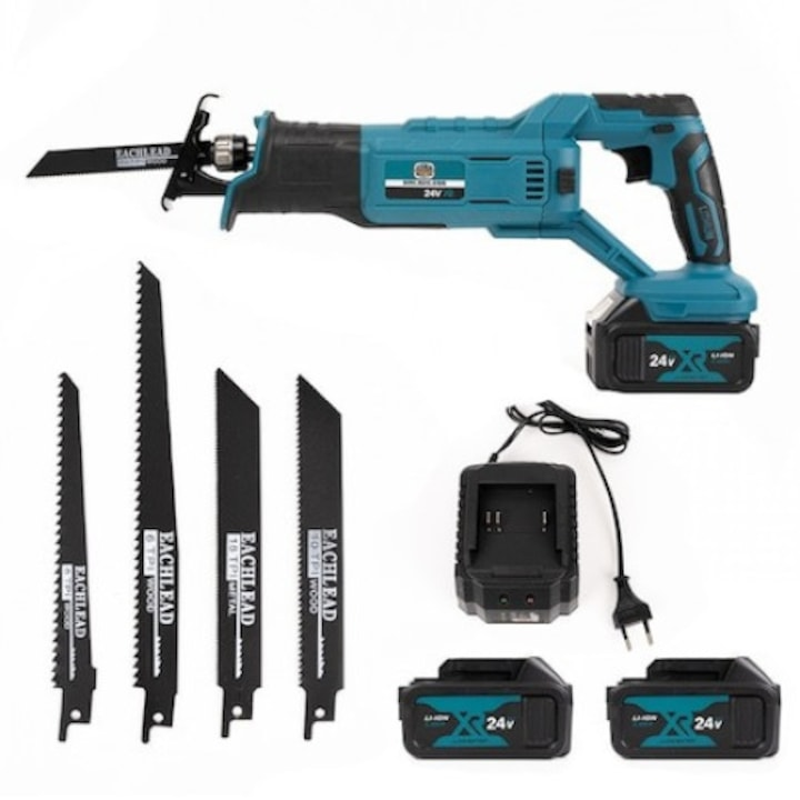 Fierastrau tip sabie, cu 2 acumulatori, 8Ah, 48V, 4 panze, albastru