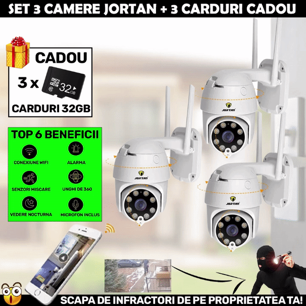 LICHIDARE DE STOC: SET 3 X Camera Smart Color Jortan Surveillance3® Wifi, IP Vizualizare Live Prin Aplicatie, Senzor de Miscare + 3 CARDURI CADOU