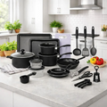 Set Bucatarie Complet, 22 Piese cu Oale, Tigai, Wok, Tavi si Accesorii pentru Gatit, Negru + 1x Foarfeca CADOU