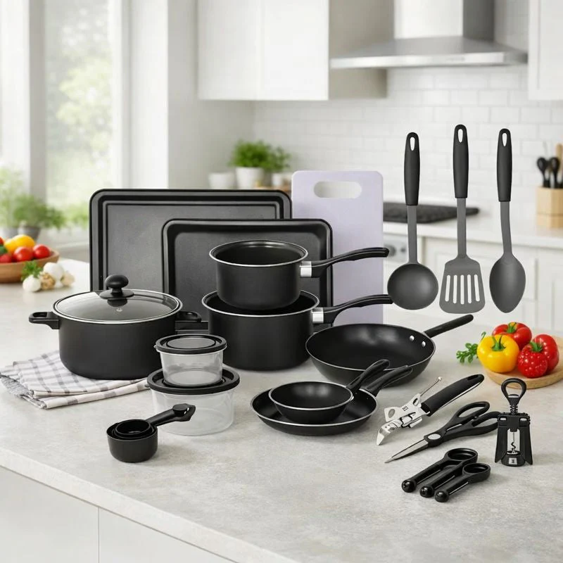 Set Bucatarie Complet, 22 Piese cu Oale, Tigai, Wok, Tavi si Accesorii pentru Gatit, Negru + 1x Foarfeca CADOU