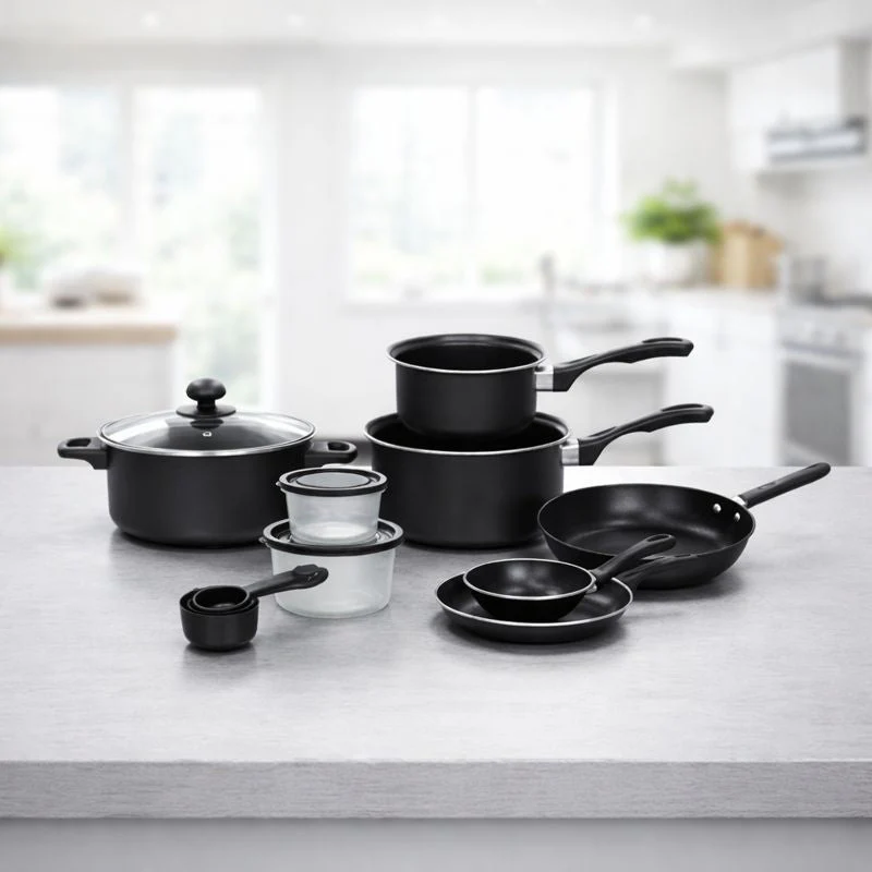 Set Bucatarie Complet, 22 Piese cu Oale, Tigai, Wok, Tavi si Accesorii pentru Gatit, Negru + 1x Foarfeca CADOU