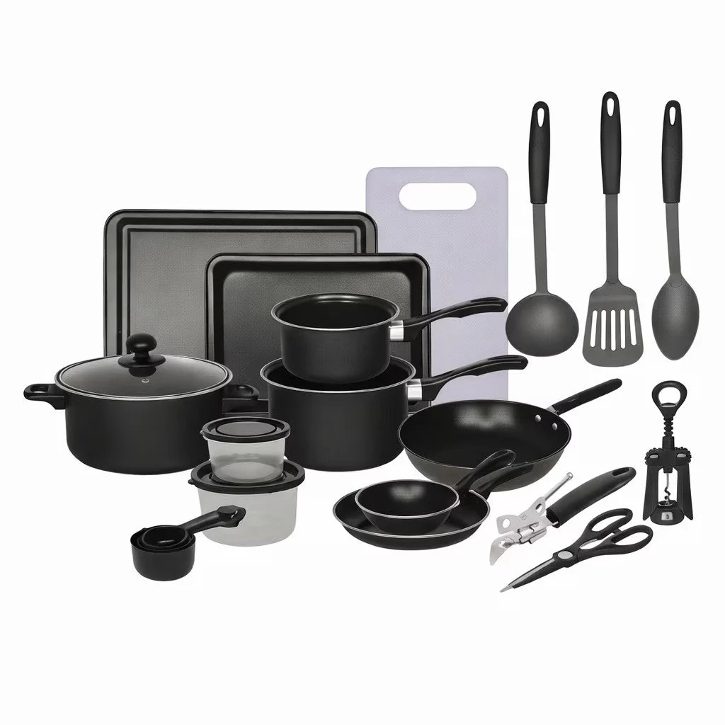 Set Bucatarie Complet, 22 Piese cu Oale, Tigai, Wok, Tavi si Accesorii pentru Gatit, Negru + 1x Foarfeca CADOU