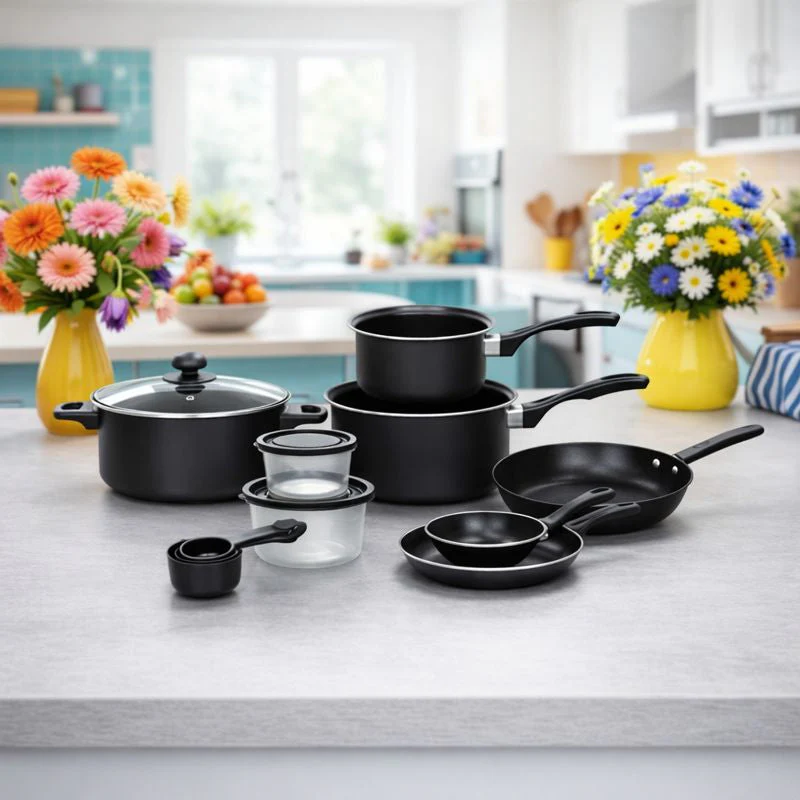 Set Bucatarie Complet, 22 Piese cu Oale, Tigai, Wok, Tavi si Accesorii pentru Gatit, Negru + 1x Foarfeca CADOU