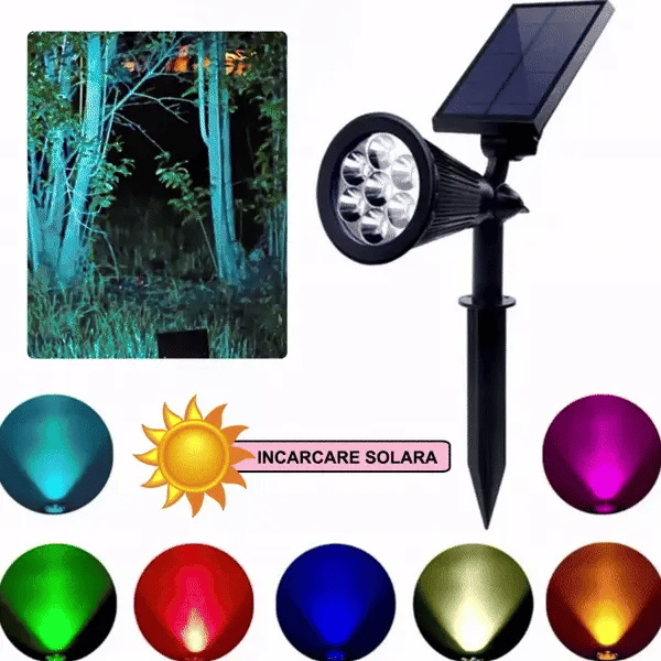 Spot LED cu Incarcare Solara, 7 LED-uri Puternice, Lumina Colorata, 7 Culori, Reglabil, Cu Suport de Fixare