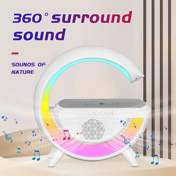 Statie 3 in 1 cu Lumina Ambientala RGB, Boxa Bluetooth si Incarcare Wireless Pentru Telefon, Alb