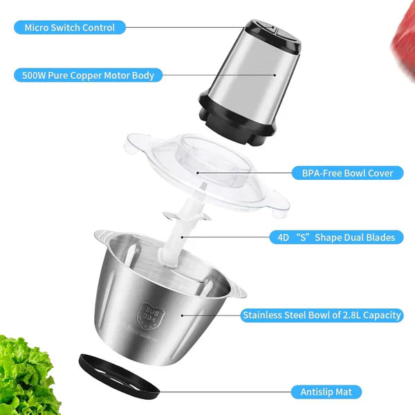 Tocator Electric Multifunctional, Pentru Carne, Fructe si Legume, Bol Din Inox, Capacitate 3L, 4 Lame Din Inox, 300W Putere