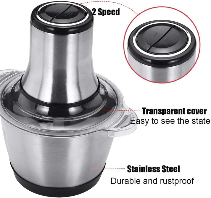 Tocator Electric Multifunctional, Pentru Carne, Fructe, Legume, Cu 2 Trepte de Viteza, Vas Inox, Capacitate