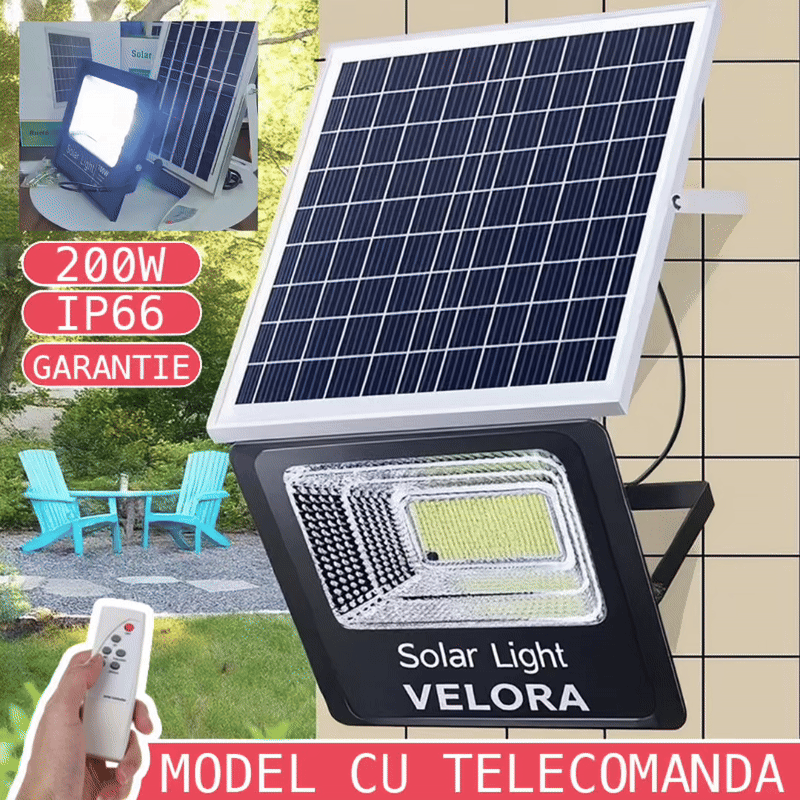PACHET PROMOTIONAL: Proiector Puternic Si Rezistent La Apa IP66  VELORA 200W + Panou Solar + Telecomanda Si Accesorii,Incarcare Rapida + Accesorii