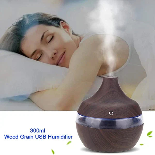 Difuzor Aromaterapie Cu Ultrasunete Si Umidificator Cu LED, 300 ml, Wenge + 12 uleiuri CADOU